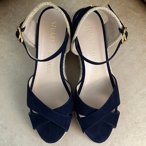 Stuart Weitzman Mirela II Espadrille Wedge Sandal Navy Suede/Natural 7.5C Casual - Picture 7 of 13